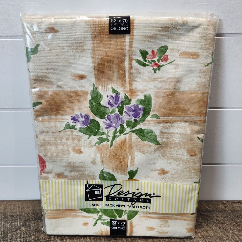 Vintage 90s Floral Design Cottage Vinyl Flannelback Tablecloth 52” x 70” NOS NEW